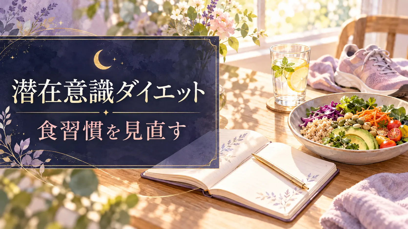 ノート、野菜と穀物の食事、水と歩きやすい靴を描いた食習慣改善のイラスト