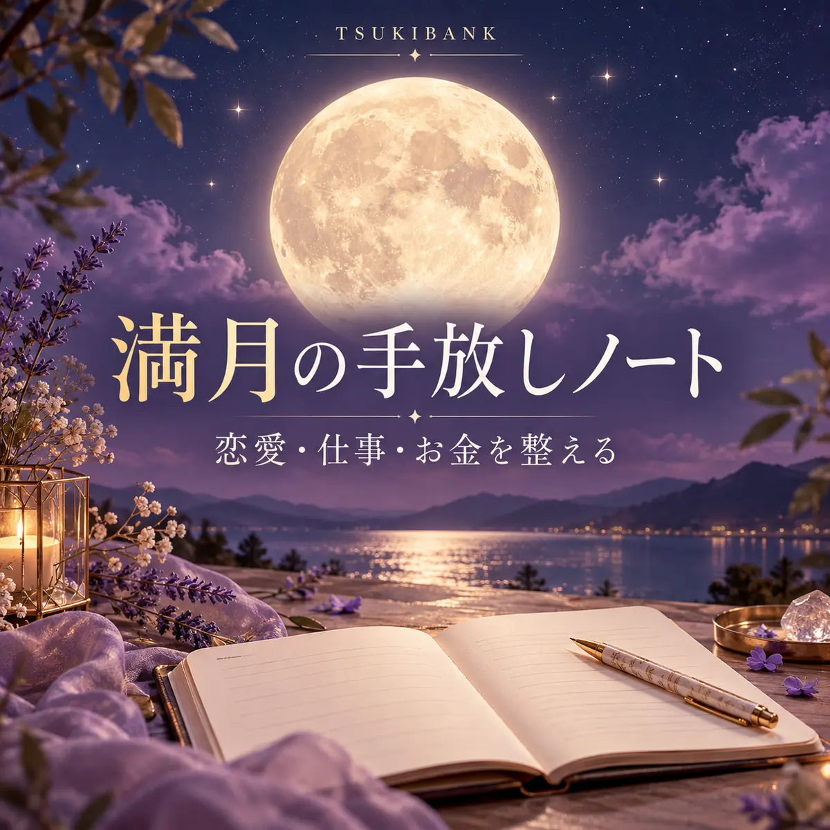 満月の夜空と開いたノート。満月の手放しノート、恋愛・仕事・お金を整えるという文字入りのアイキャッチ