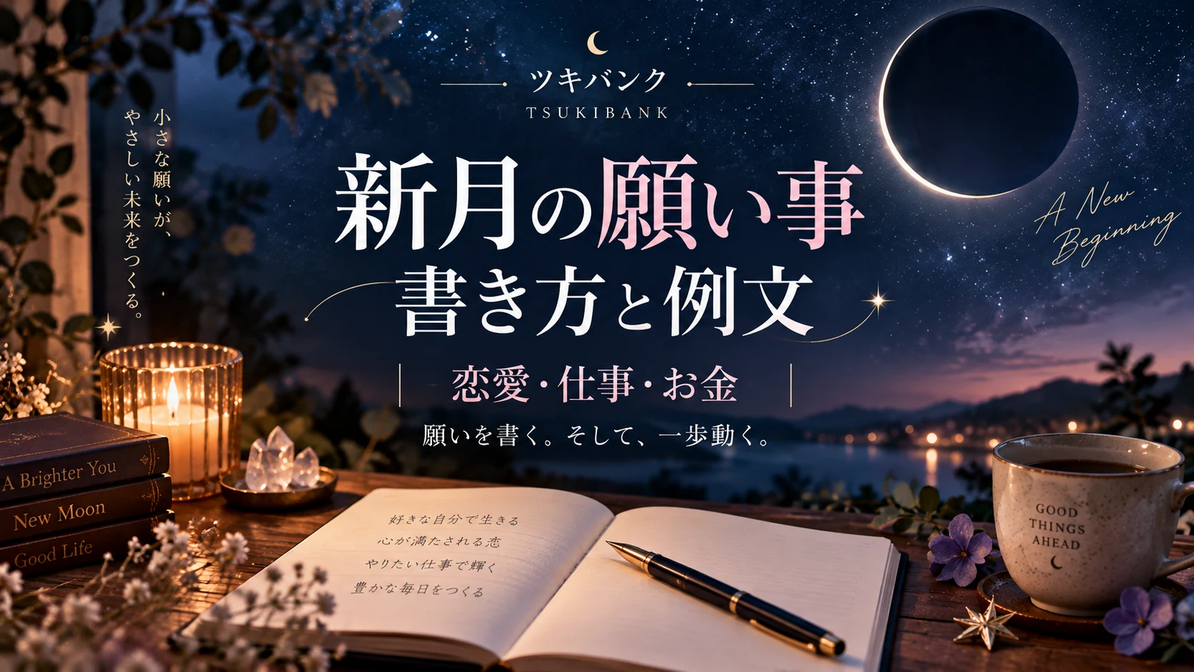 新月の願い事の書き方と例文。恋愛・仕事・お金の文字とノート、星空、キャンドルを描いたツキバンクのアイキャッチ